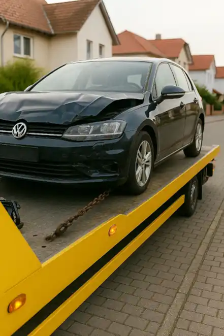 Ein defektes Fahrzeug, das für den Autoankauf in Waiblingen abgeschleppt wird.