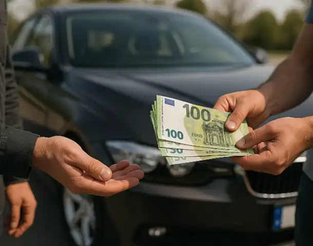 Ein Kunde erhält Bargeld beim erfolgreichen Autoankauf in Waiblingen.